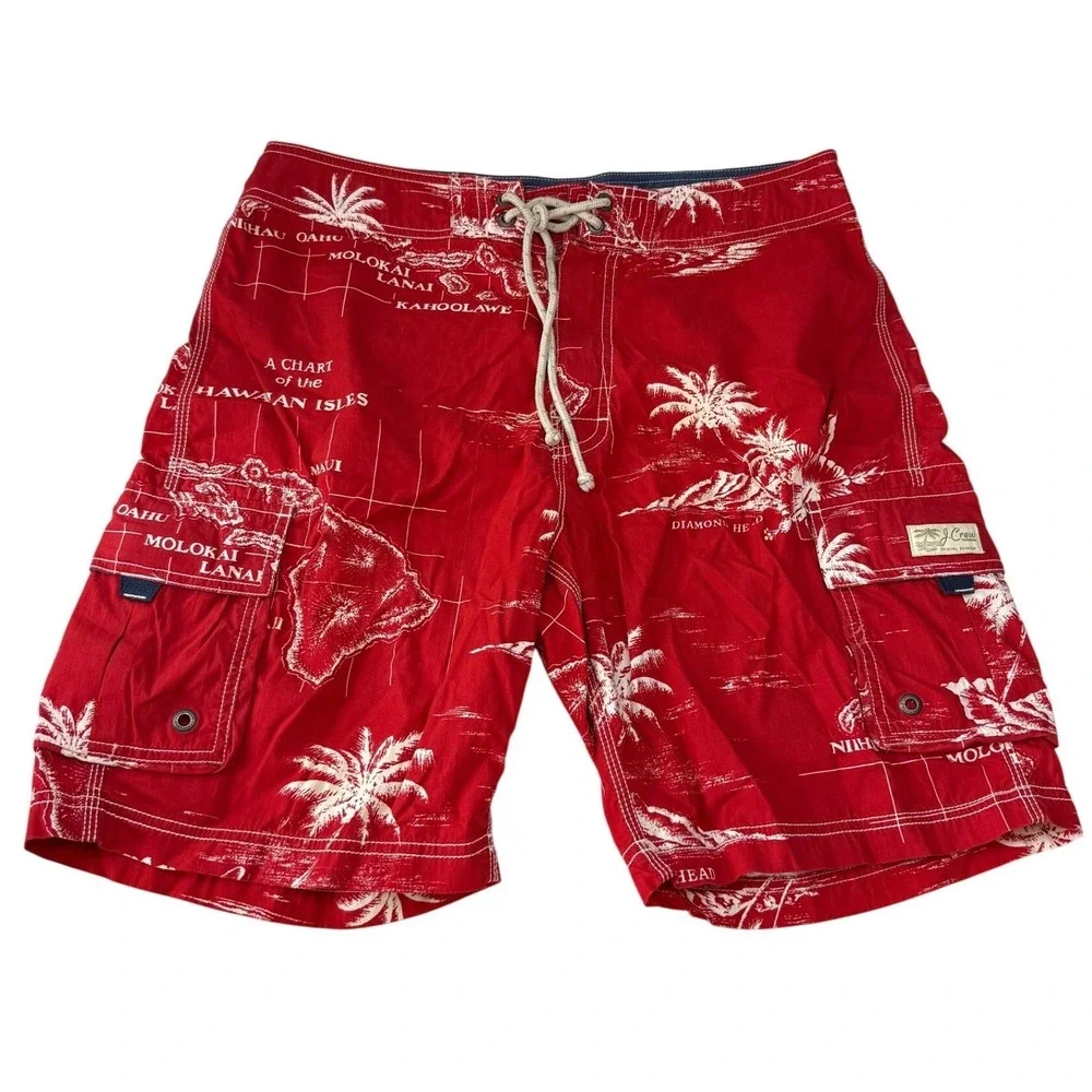 J. Crew Mens Red Hawaiian Islands‎ Cargo Board Shorts Swim Size 32